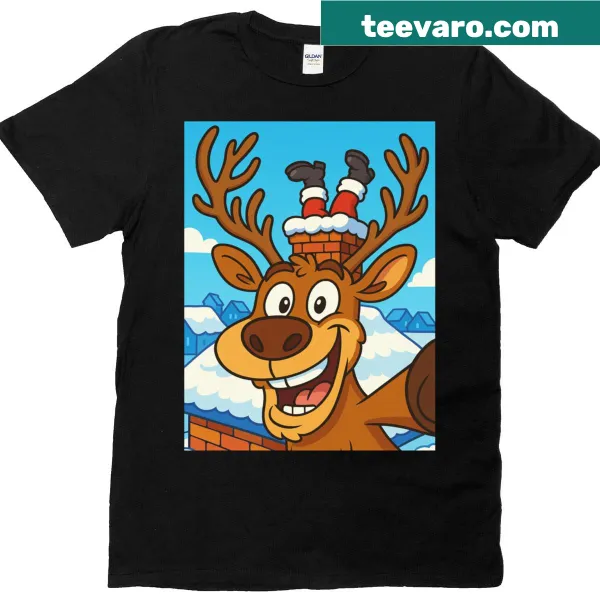 Cartoon reindeer taking a selfie with Santa on T-shirt