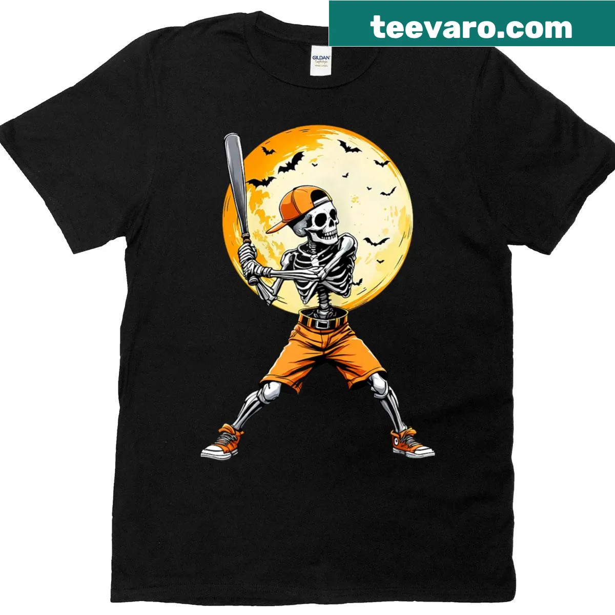 Cartoon skeleton T-shirt for kids featuring a funny Halloween design — on a men's t-shirt