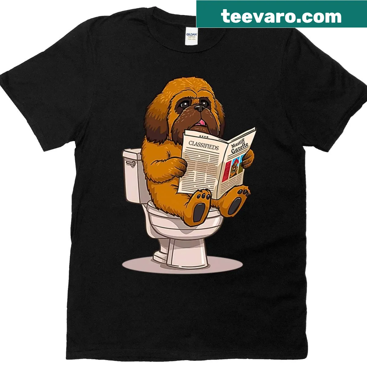 Cartoon Tibetan Mastiff dog on toilet reading newspaper — on a men's t-shirt