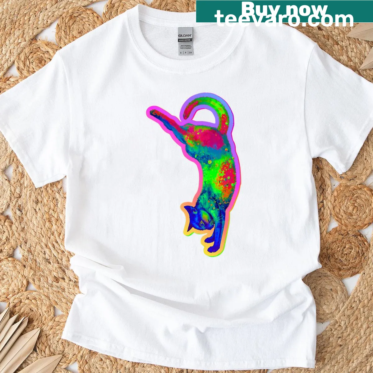 Oversized T-shirt featuring a cartoon cat doing yoga poses — on a men's t-shirt