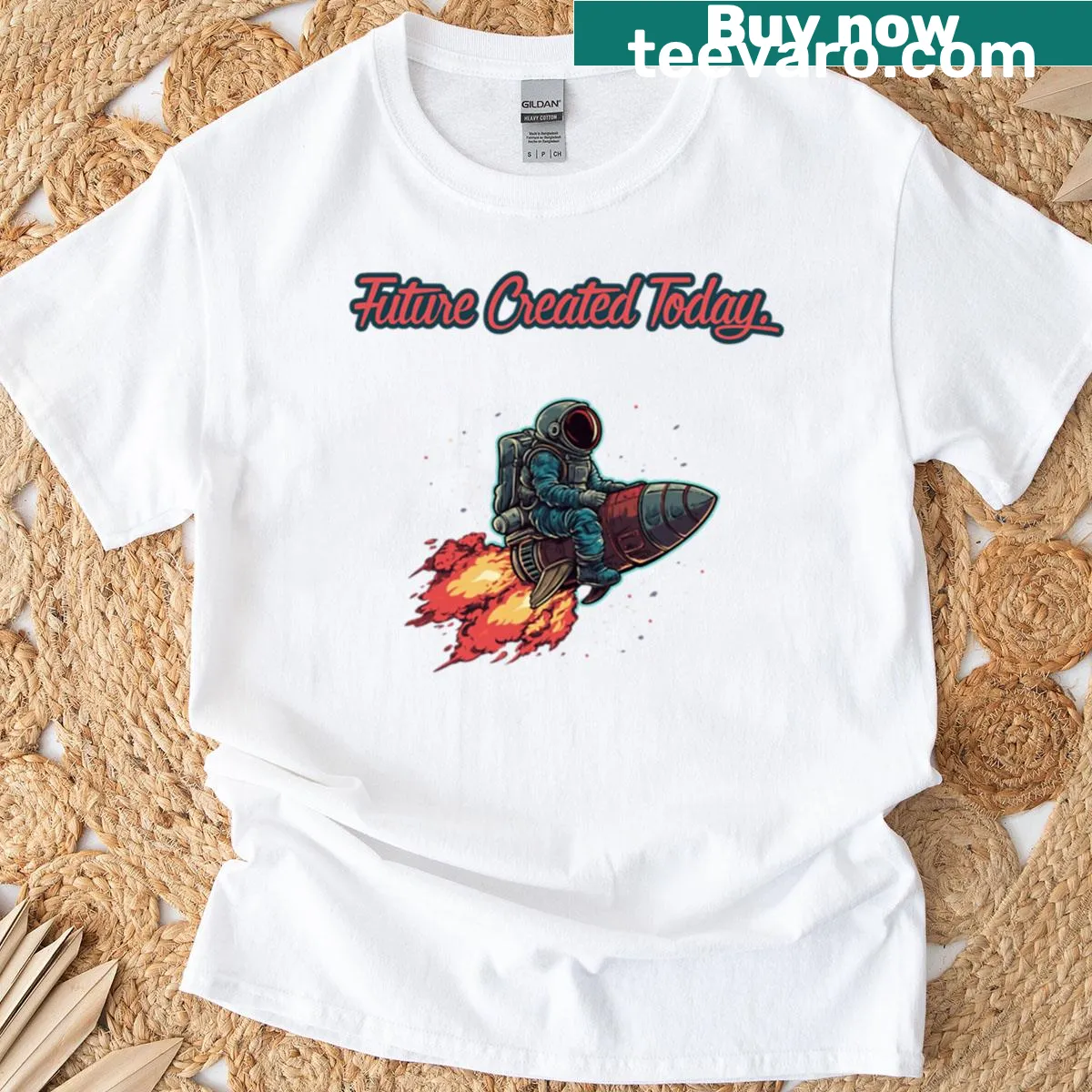 Inspirational typography on T-shirt stating 'Future Created Today' — on a men's t-shirt