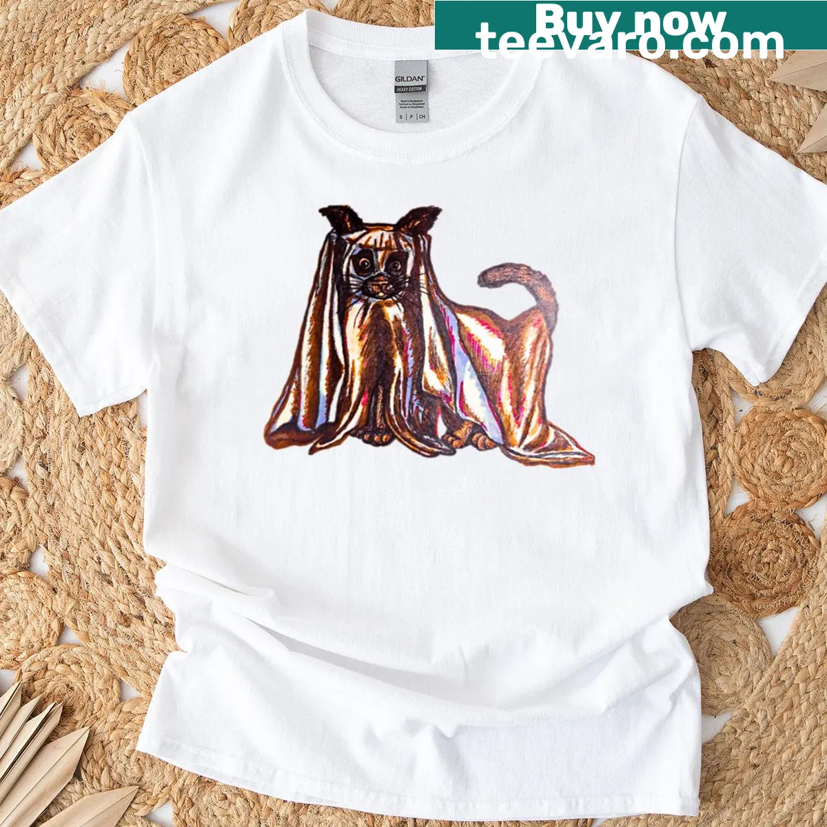 Oversized T-shirt featuring a whimsical illustration of a ghost cat — on a men's t-shirt
