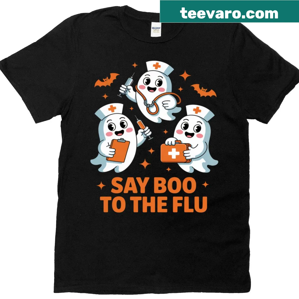 Funny Halloween nurse t-shirt with ghost and flu message design — on a men's t-shirt