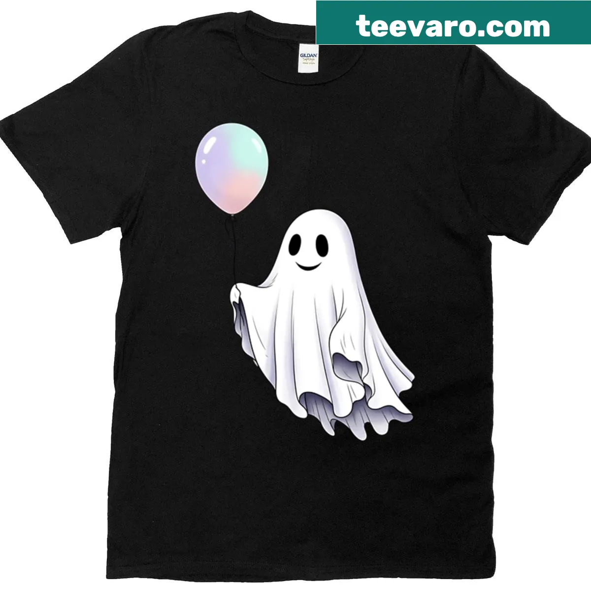 Cute cartoon ghost holding a balloon on a t-shirt — on a men's t-shirt