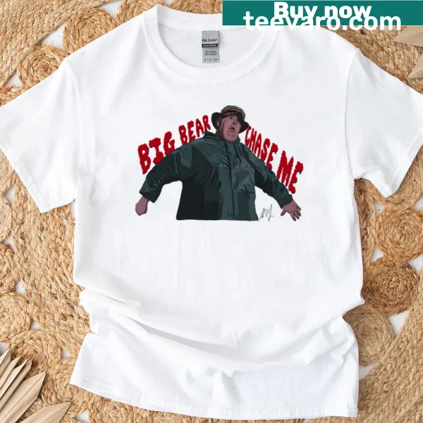 Oversized cartoon depiction of John Candy chased by a bear.
