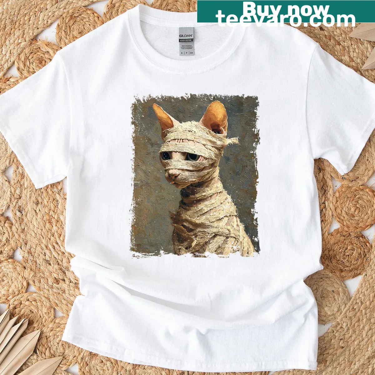 Cute Sphynx cat mummy design for Halloween T-shirt — on a men's t-shirt