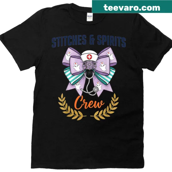 Halloween-themed shirt with ghosts and nurse graphics
