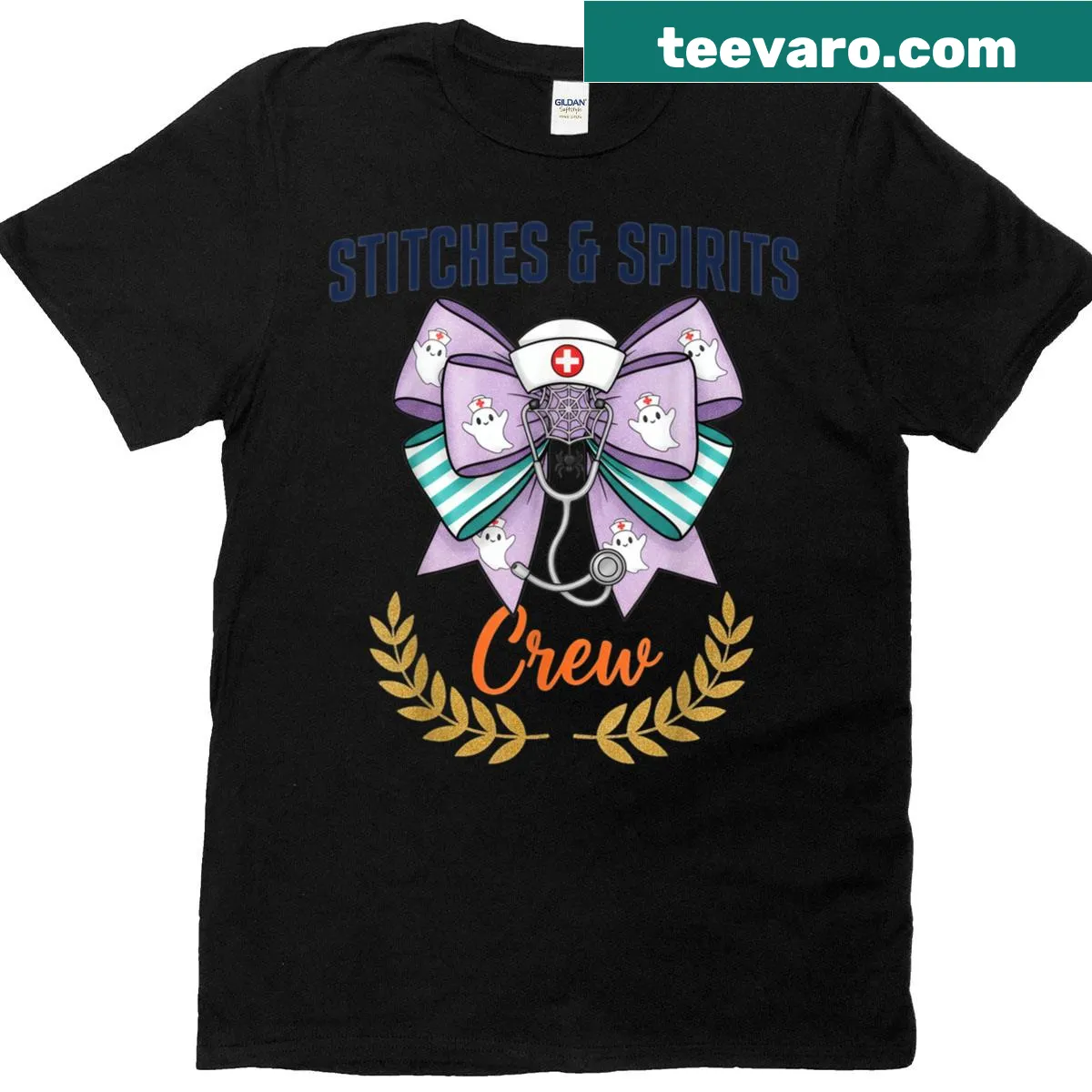 Halloween-themed shirt with ghosts and nurse graphics — on a men's t-shirt