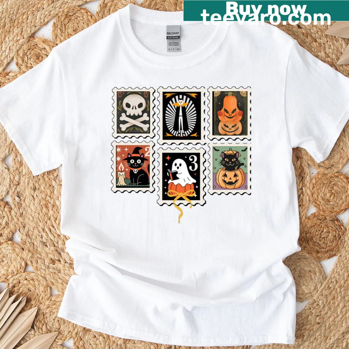 Halloween character stamps graphic T-shirt for the spooky season — on a men's t-shirt