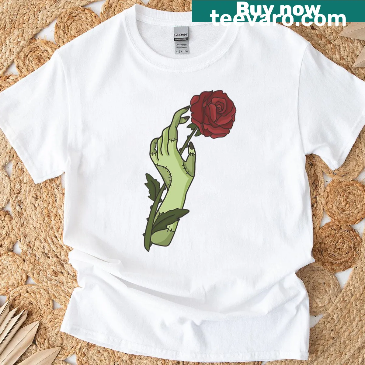 T-shirt featuring a witch's hand holding a rose — on a men's t-shirt