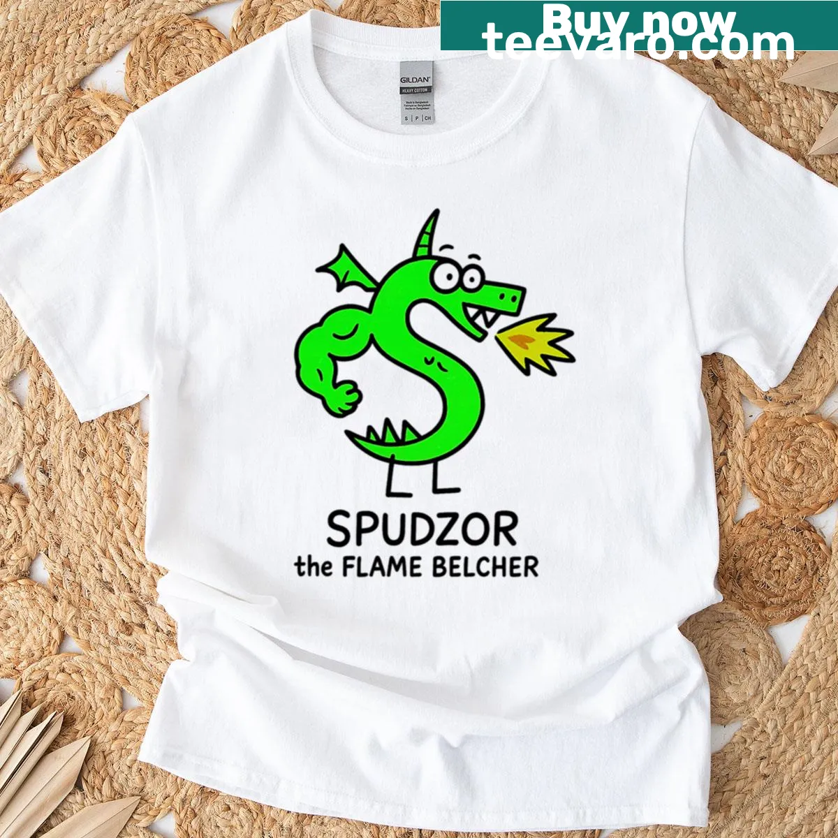 Cartoon T-shirt with a hand-drawn flame-spitting dragon — on a men's t-shirt