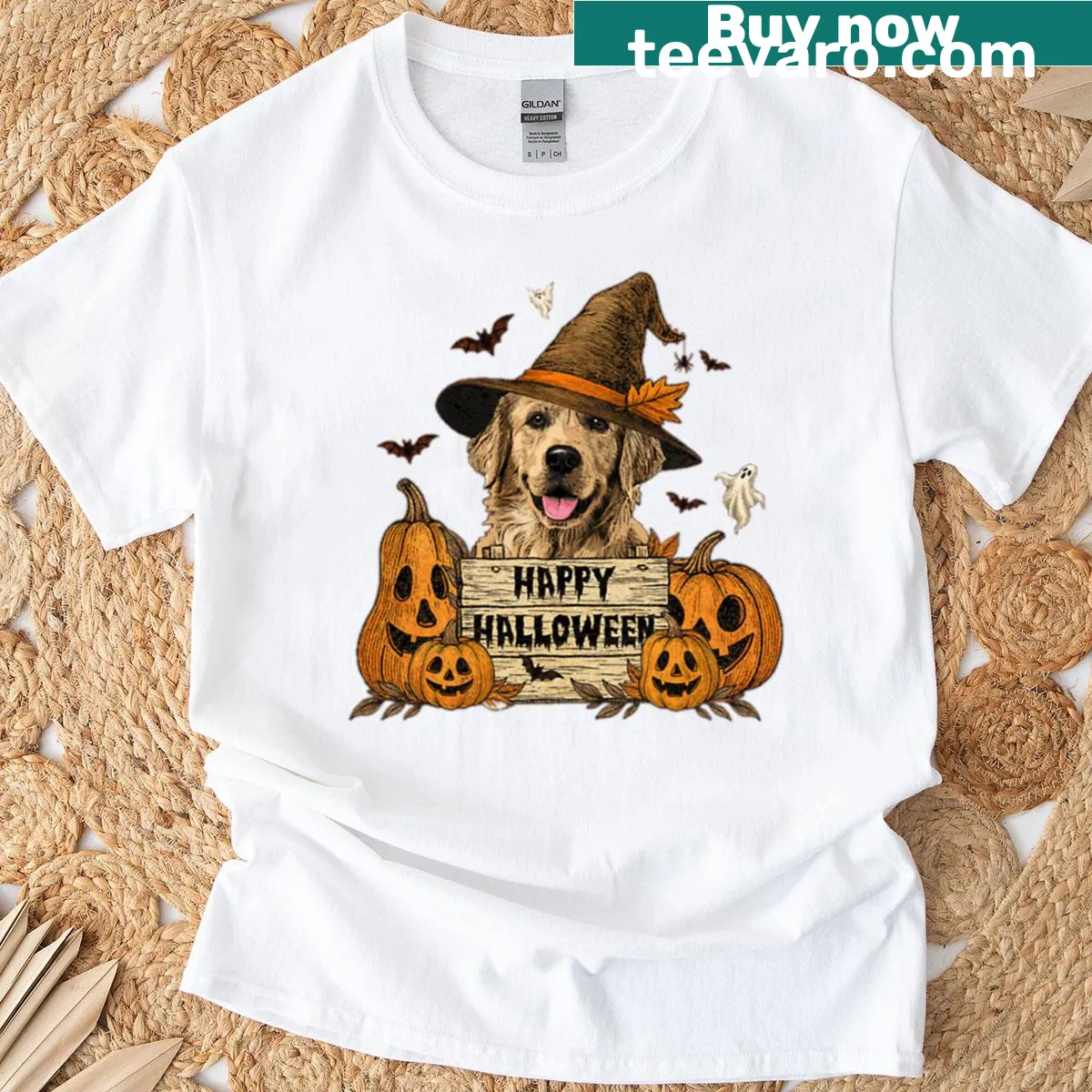 Whimsical Halloween-themed dog graphic on a t-shirt — on a men's t-shirt