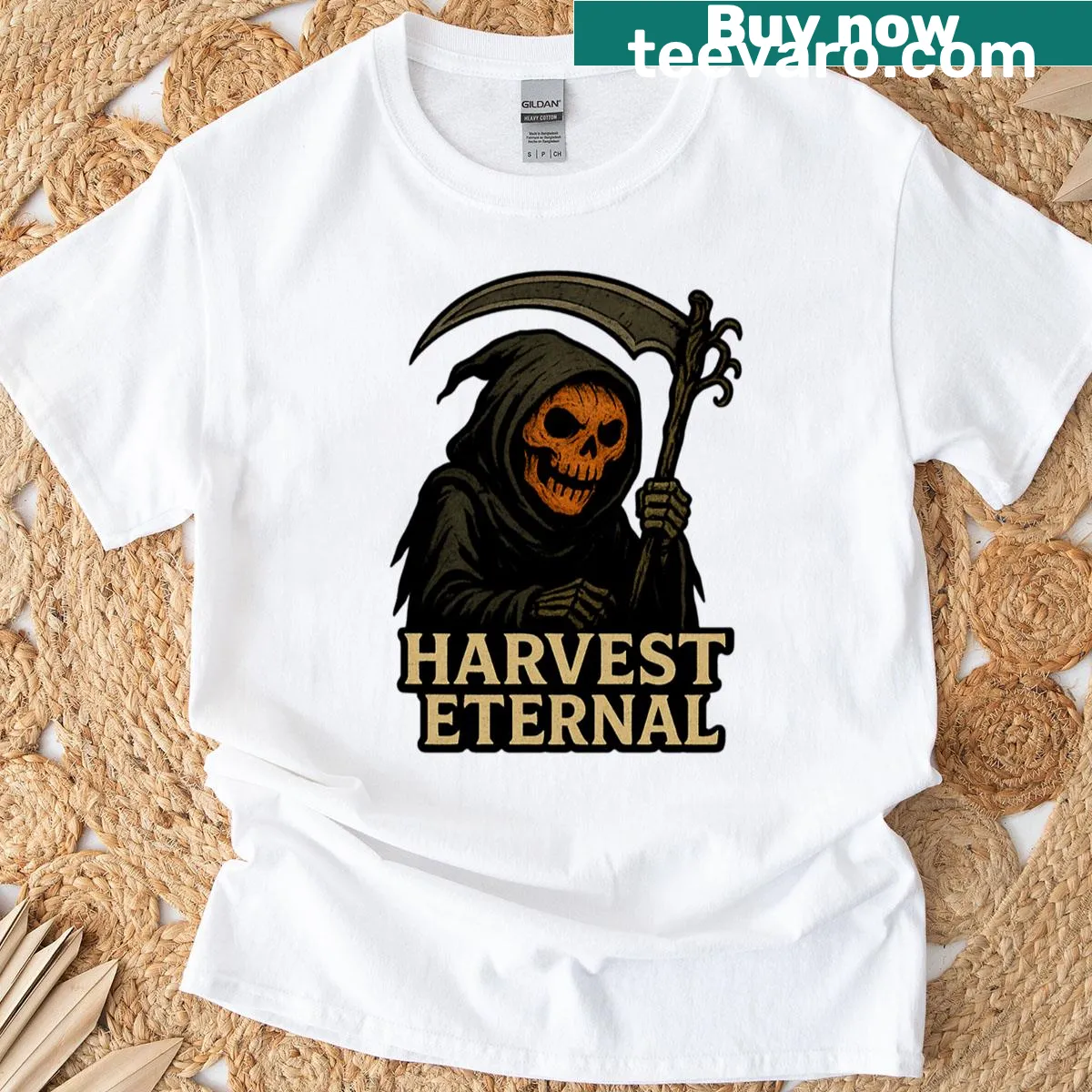 Gothic Halloween art T-shirt featuring a pumpkin reaper — on a men's t-shirt