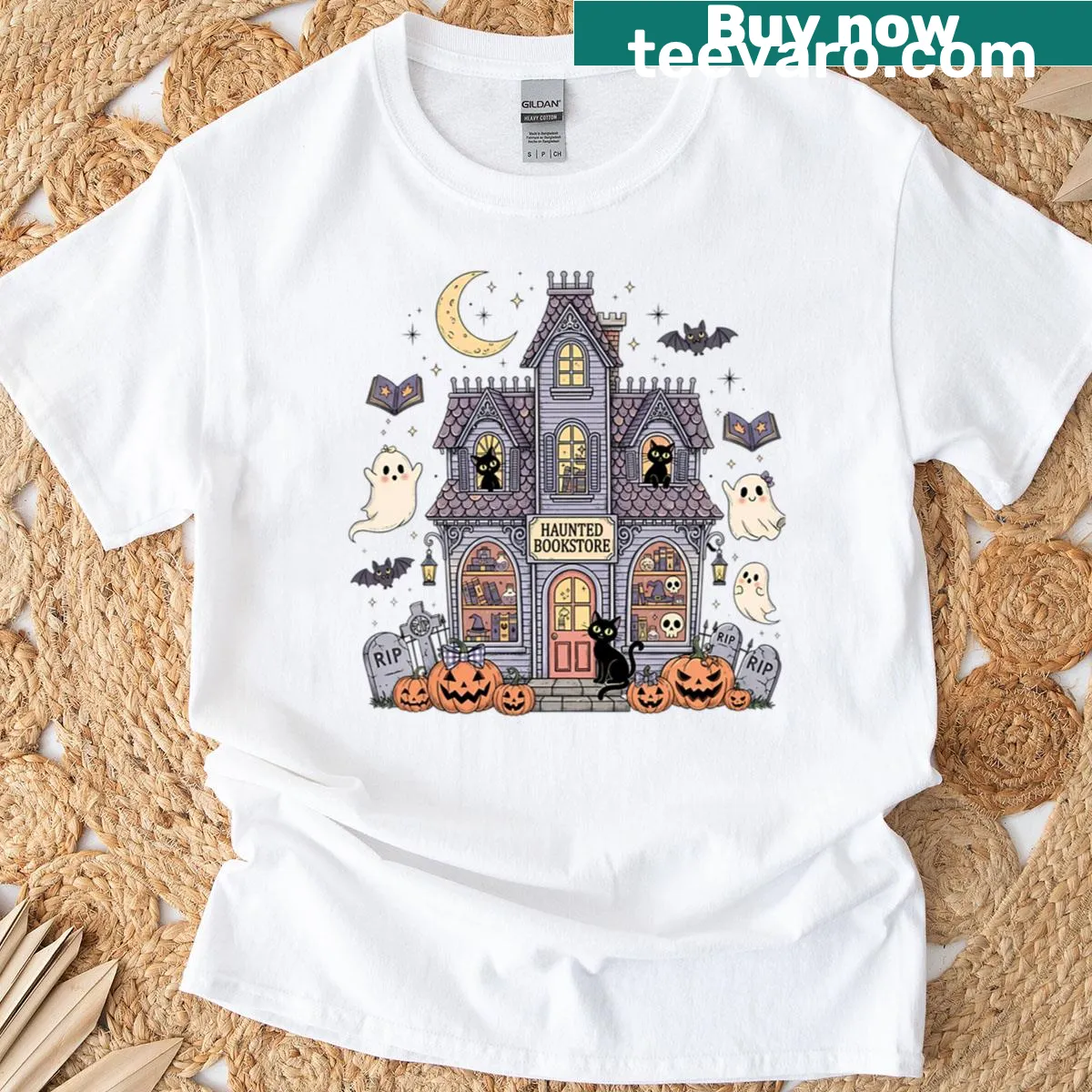 Halloween T-shirt with haunted bookstore illustration — on a men's t-shirt