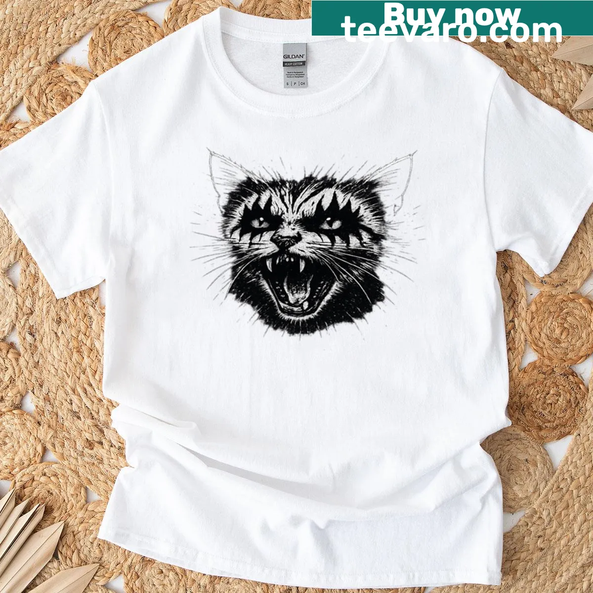 Heavy Metal Pussy Cat T-shirt with edgy cat illustration — on a men's t-shirt