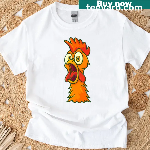 Cartoon graphic of Hei Hei screaming on an oversized t-shirt