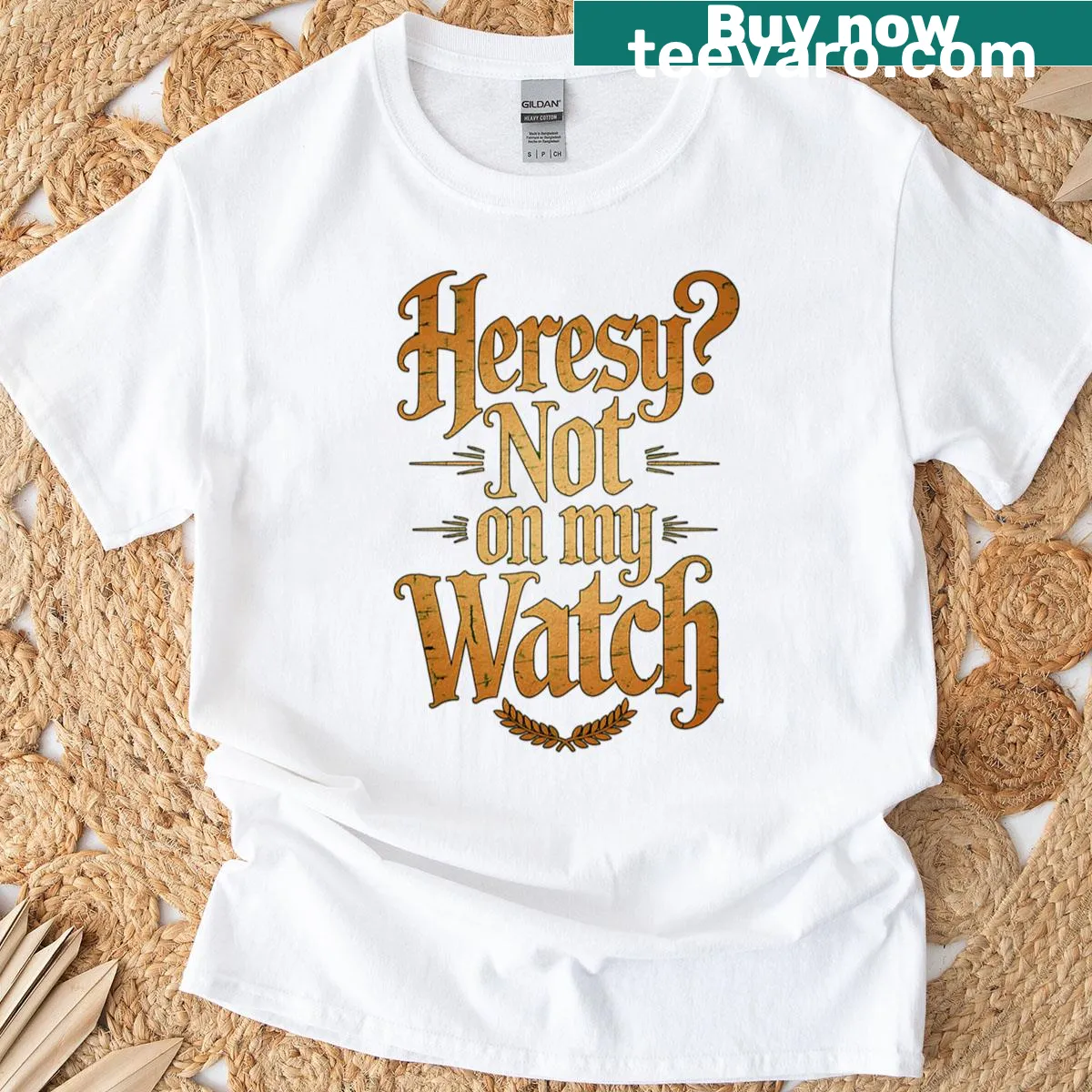 Oversized T-shirt with a bold message about heresy and faith. — on a men's t-shirt