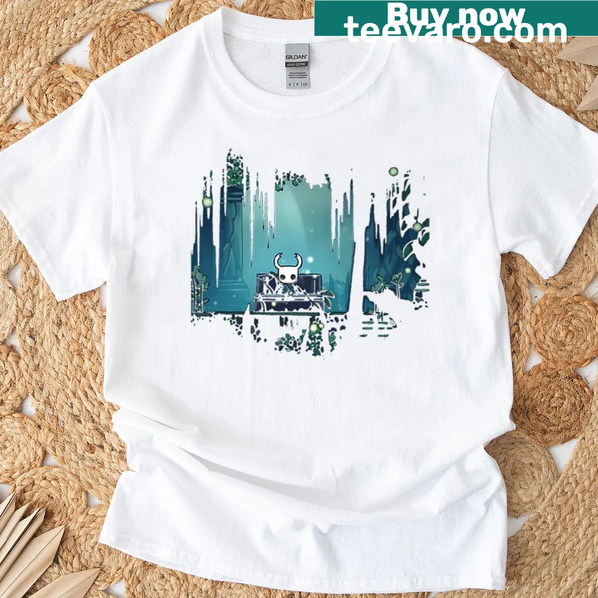 Minimalist t-shirt featuring abstract design titled 'Hollow Green' — on a men's t-shirt