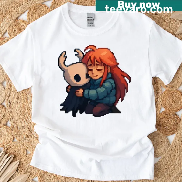 Illustrative design featuring characters from Hollow Knight and Celeste on a t-shirt.