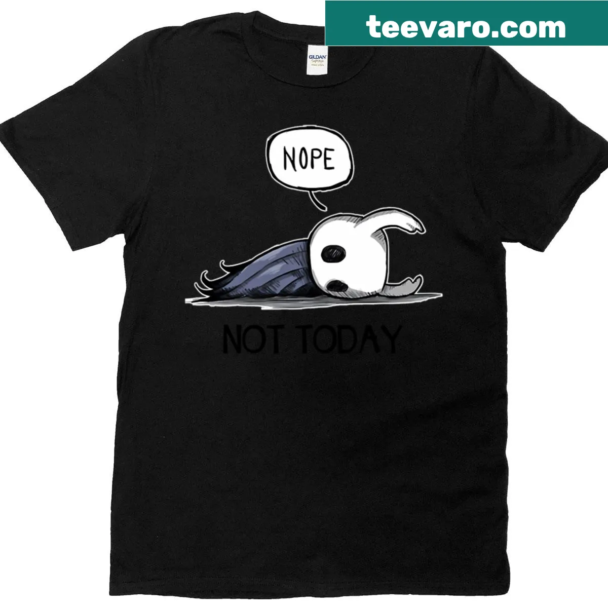 Funny Hollow Knight T-shirt with the phrase 'Nope Not Today' in an illustrated style. — on a men's t-shirt
