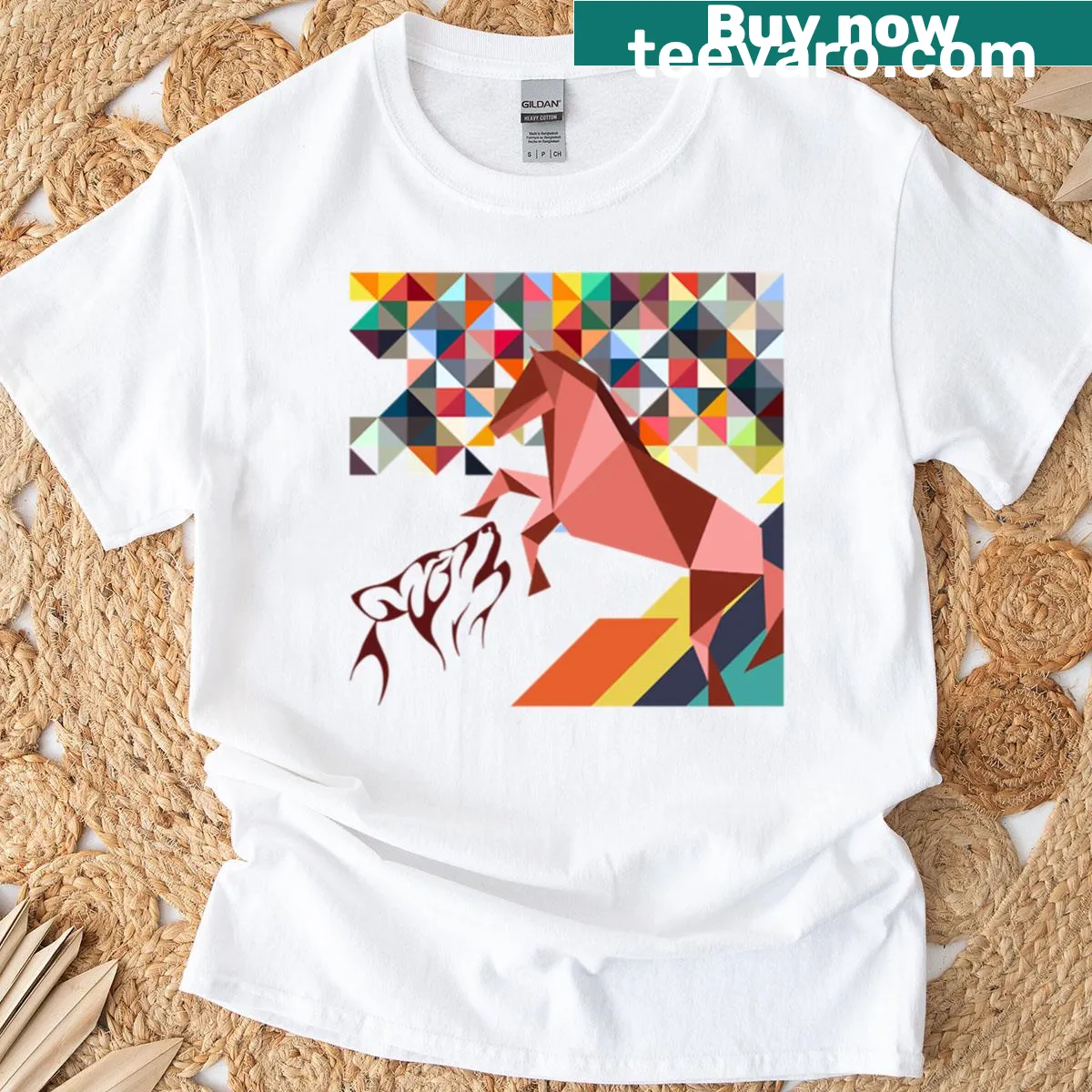 Geometric T-shirt featuring a horse and wolf silhouette — on a men's t-shirt