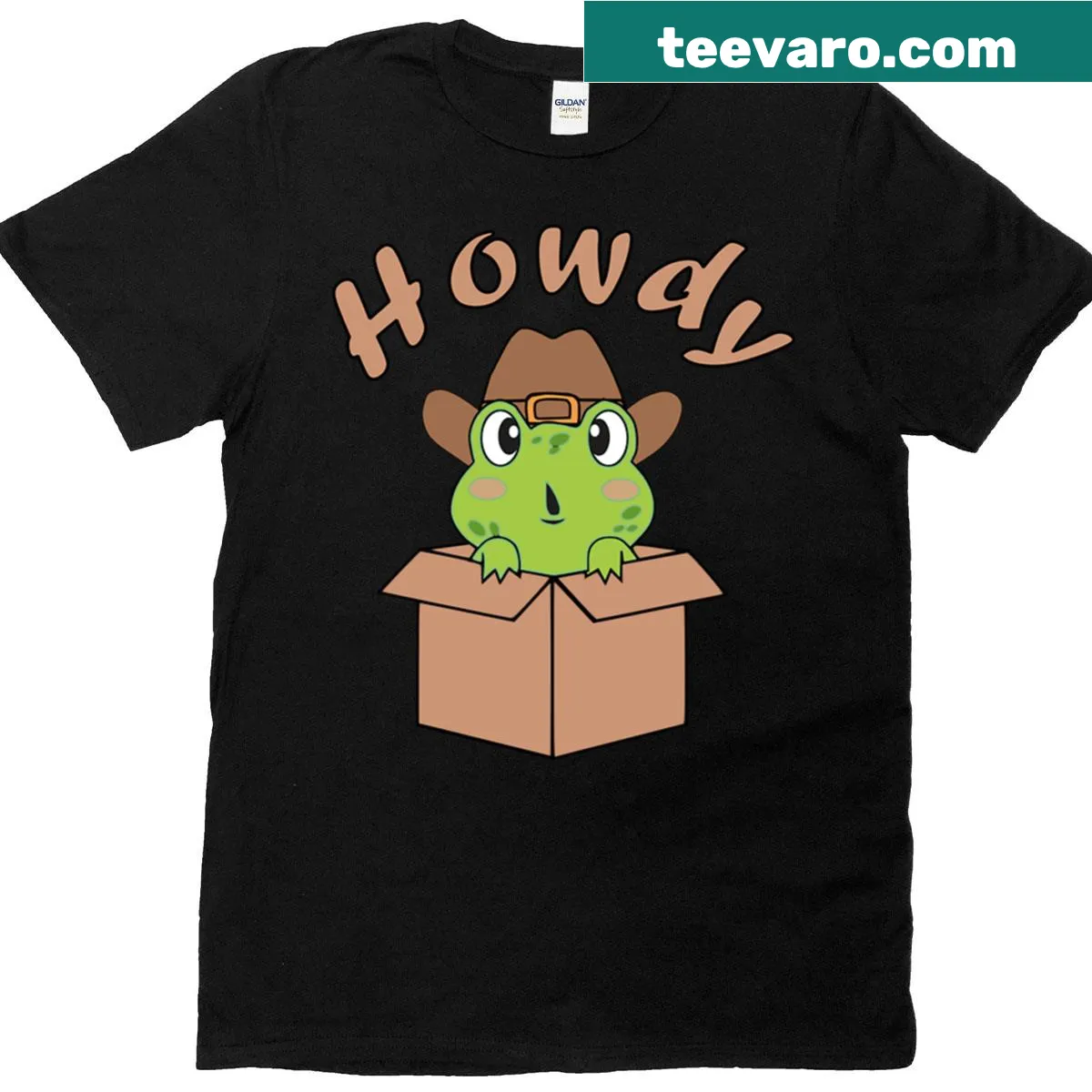 Cute t-shirt featuring a friendly cartoon frog — on a men's t-shirt