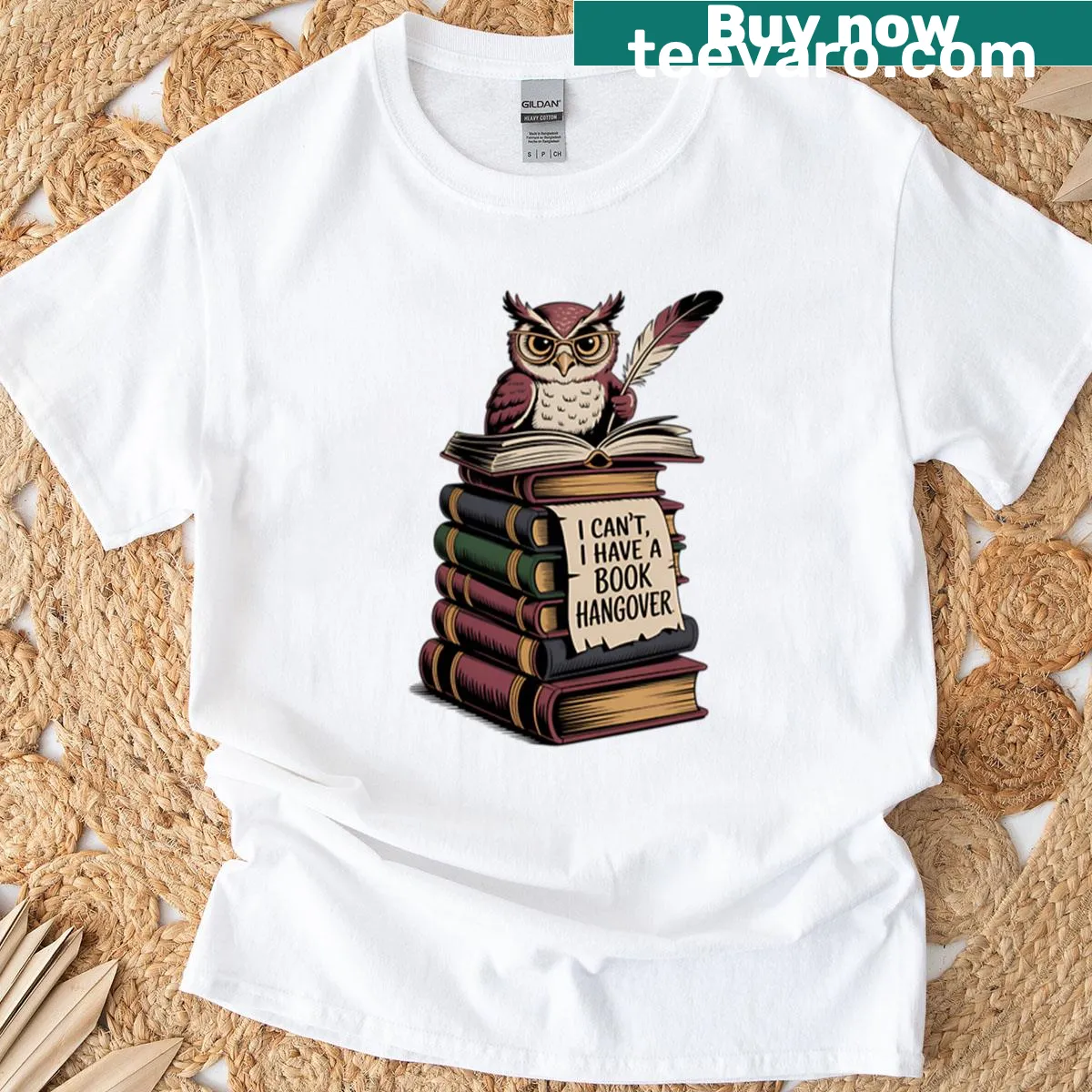 T-shirt with owl design and text 'I Can’t, I Have A Book Hangover' — on a men's t-shirt