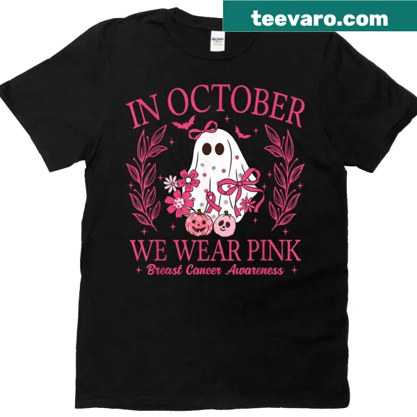 Halloween-themed breast cancer awareness T-shirt with pink ribbons and festive graphics