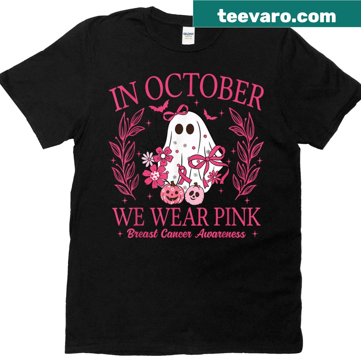 Halloween-themed breast cancer awareness T-shirt with pink ribbons and festive graphics — on a men's t-shirt