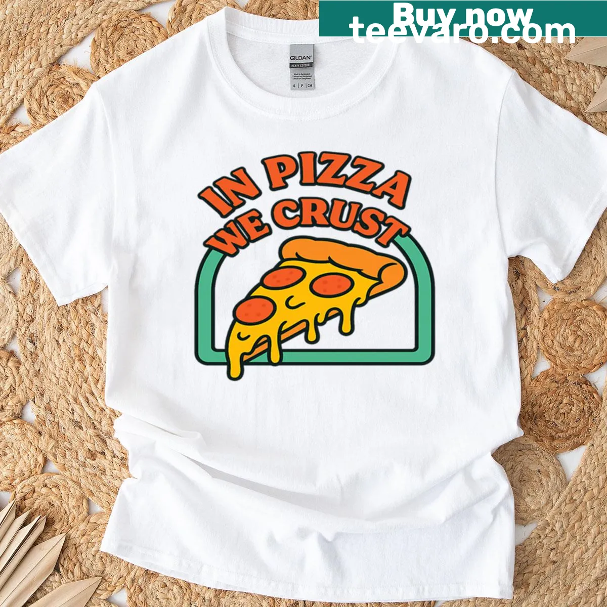 Graphic tee with text In Pizza We Crust — on a men's t-shirt