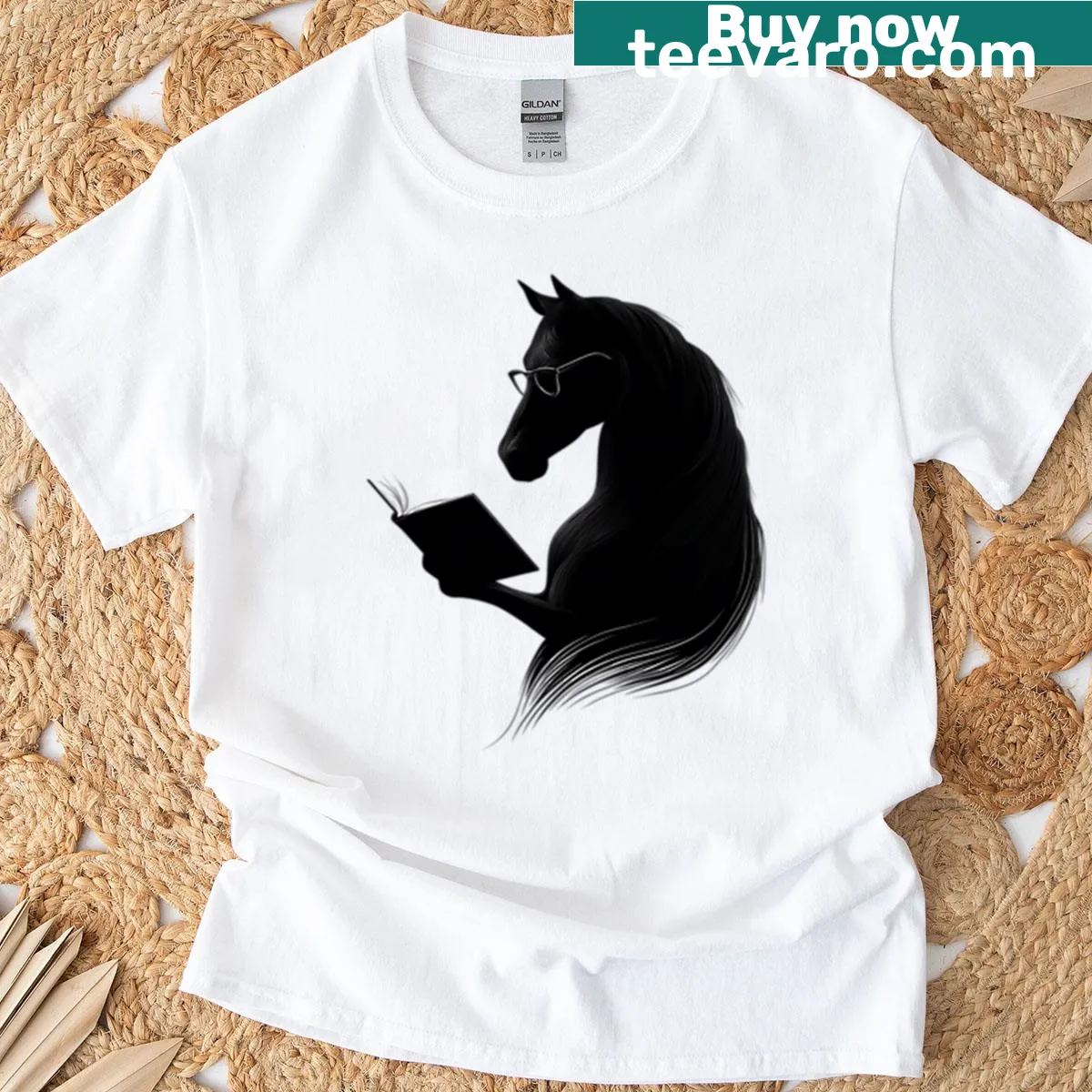 Minimalist line art of a horse reading a book on a t-shirt — on a men's t-shirt