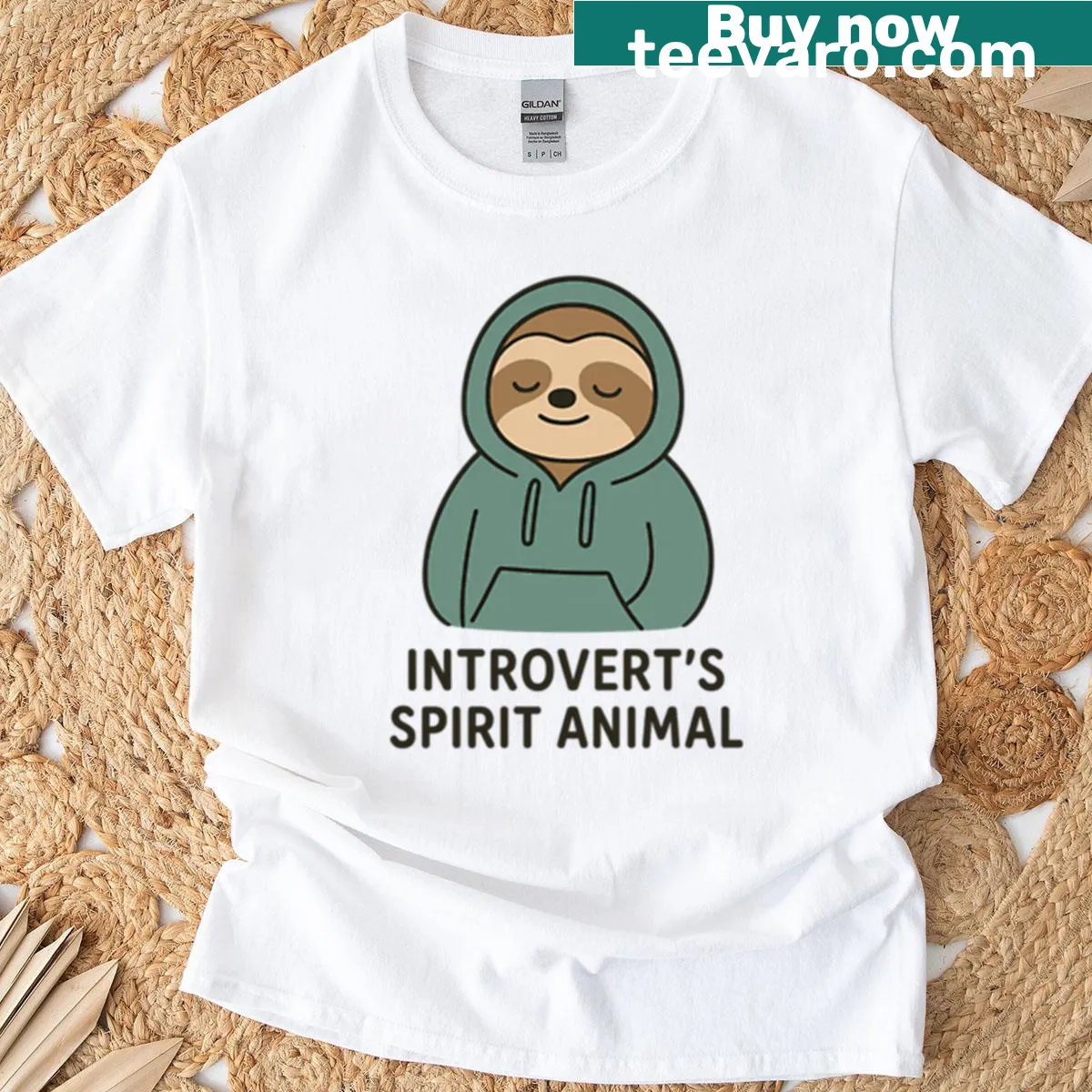 Cartoon sloth lounging on an Introverts t-shirt design — on a men's t-shirt
