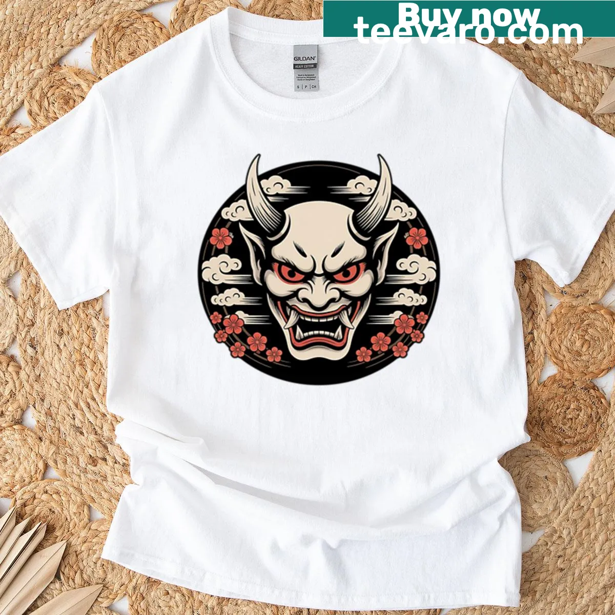 Japanese Oni Mask tattoo art graphic on a T-shirt — on a men's t-shirt