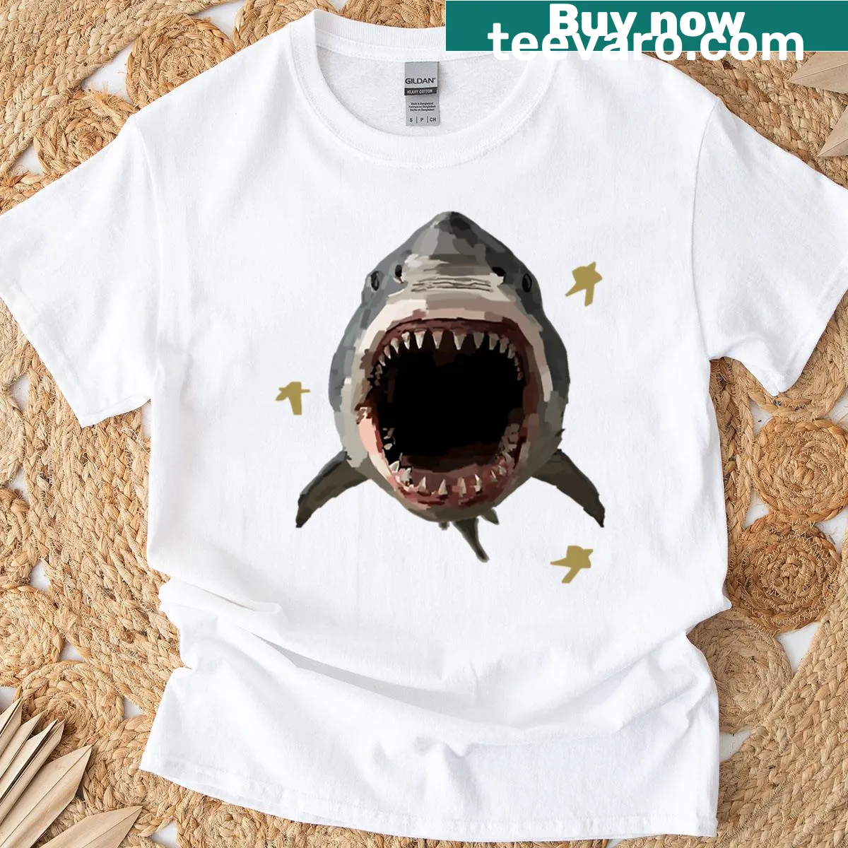 Illustrative great white shark T-shirt for ocean enthusiasts — on a men's t-shirt