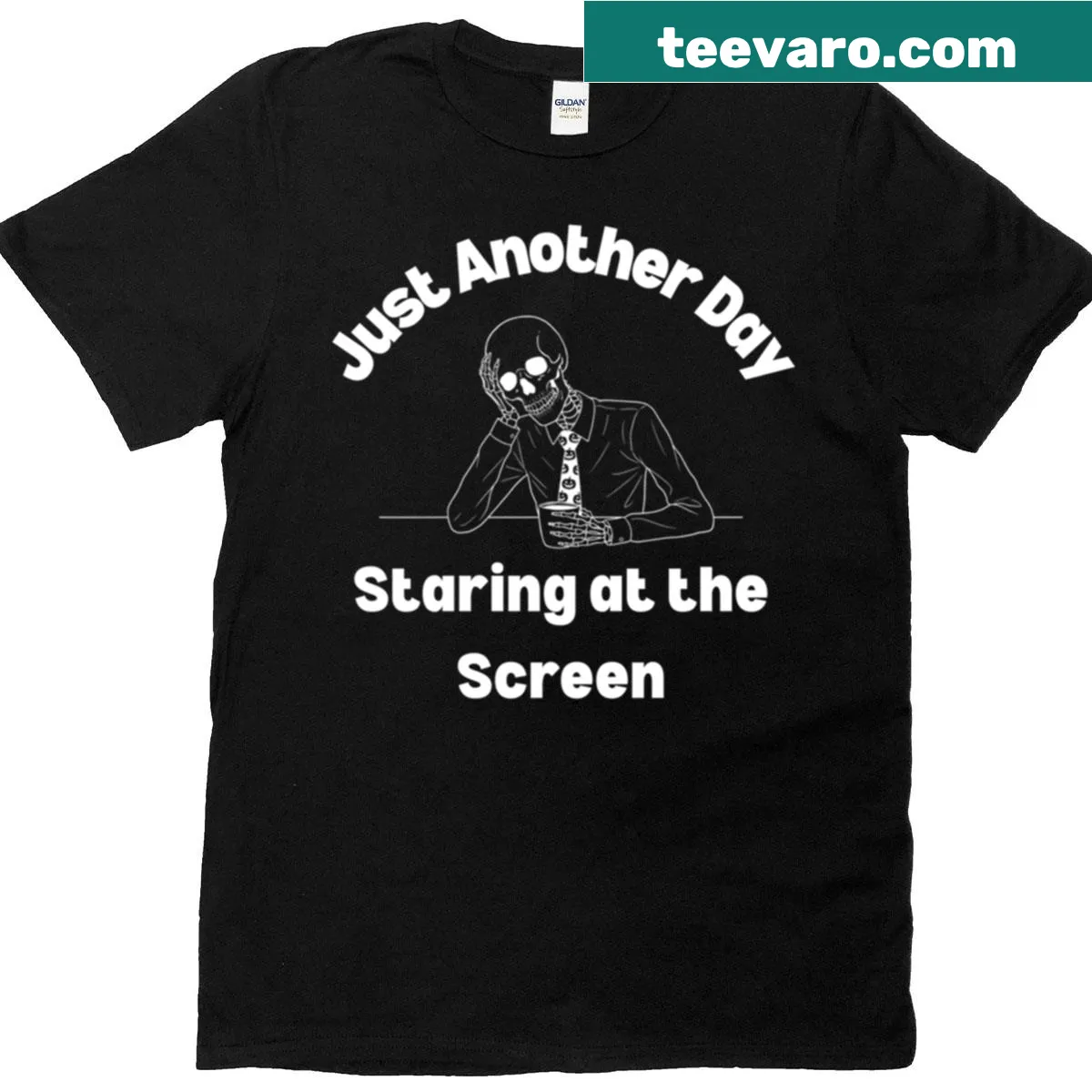 Funny skeleton illustration T-shirt for office humor — on a men's t-shirt