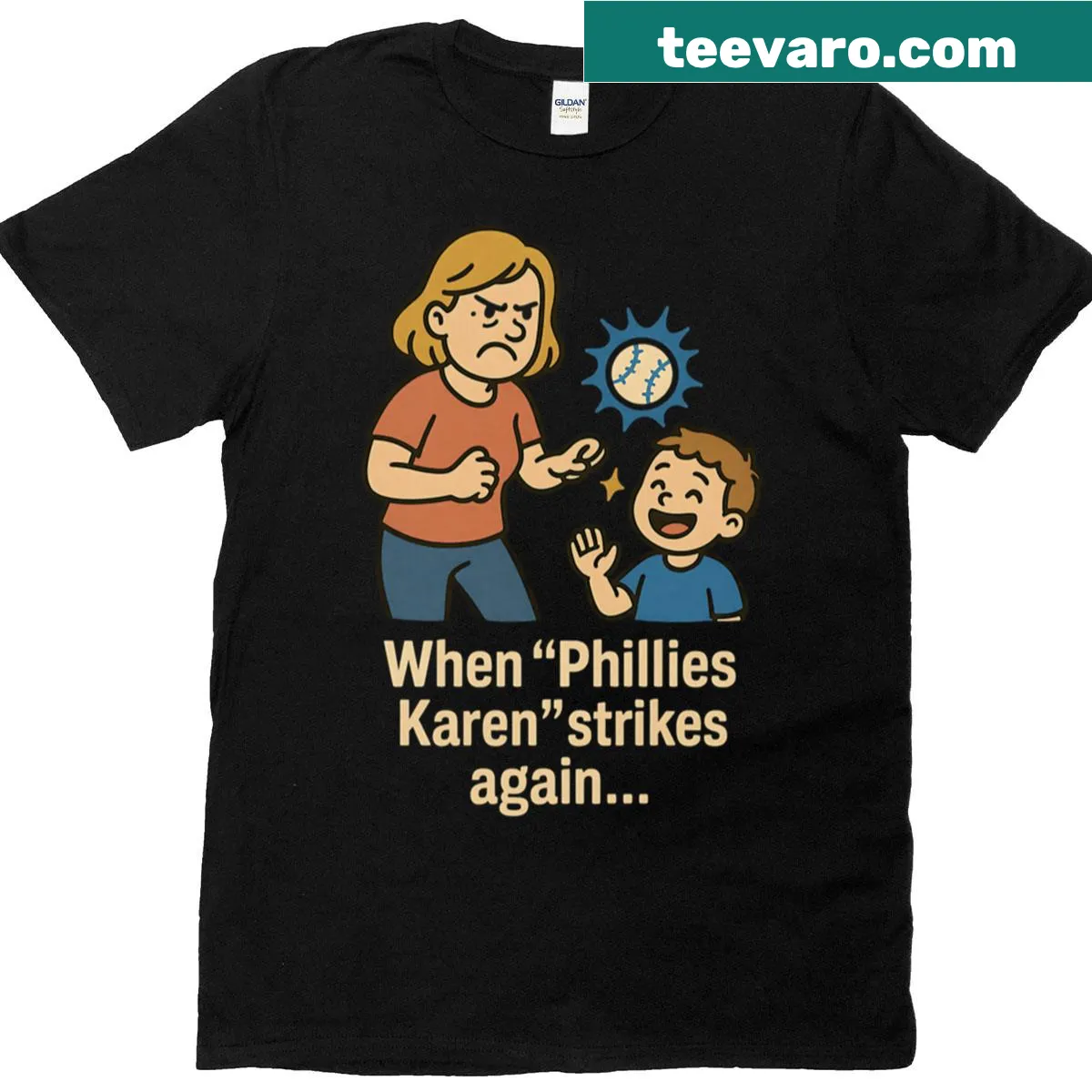 Cartoon T-shirt featuring the Karen meme from a viral stadium moment — on a men's t-shirt