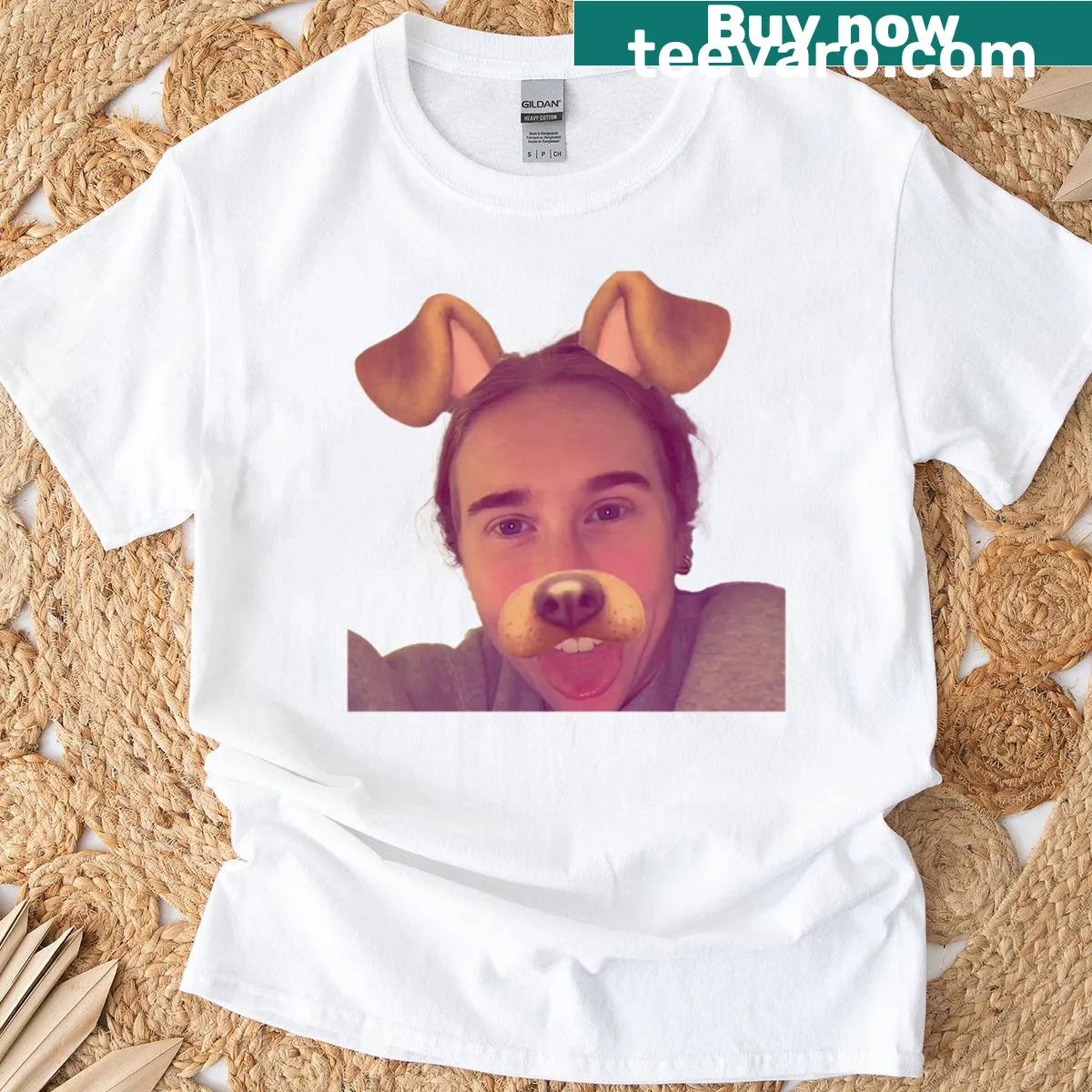 Playful T-shirt featuring a dog filter design and streaming culture — on a men's t-shirt