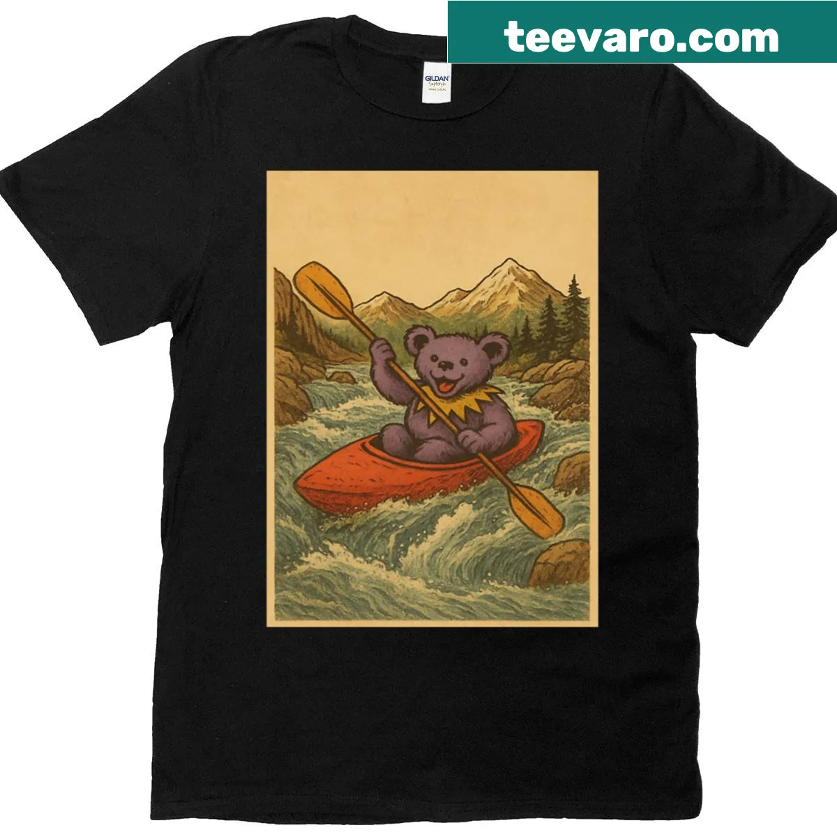 T-shirt featuring a bear kayaking illustration — on a men's t-shirt