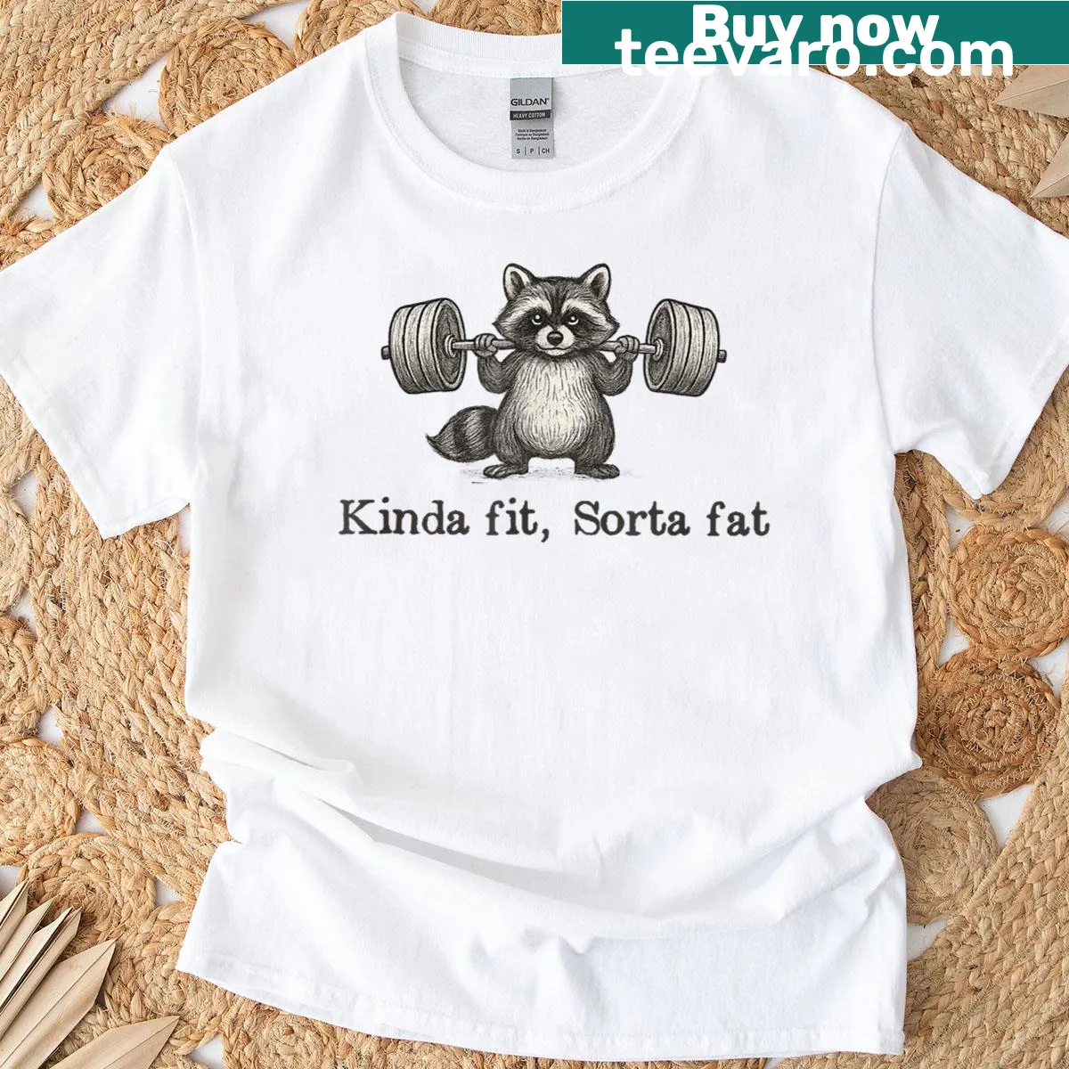Funny gym-themed T-shirt with cute raccoon design — on a men's t-shirt