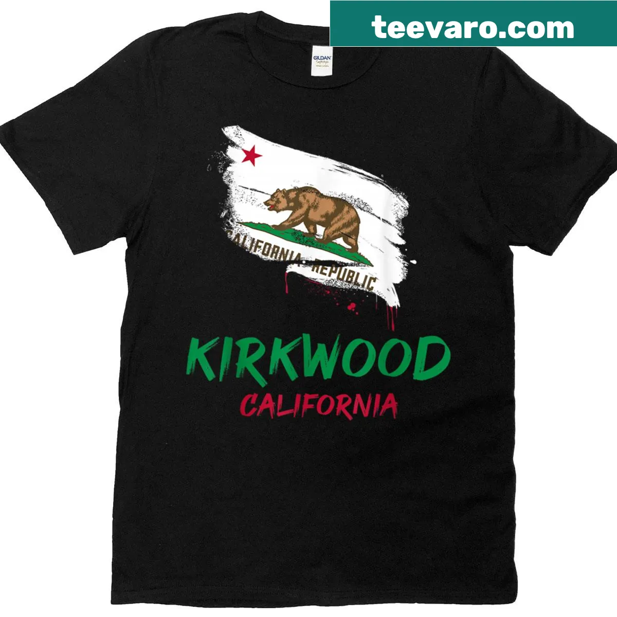 Paint splatter flag shirt representing Kirkwood, California for travelers. — on a men's t-shirt