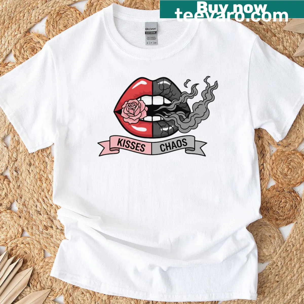 Edgy graphic tee with lips and playful text design — on a men's t-shirt