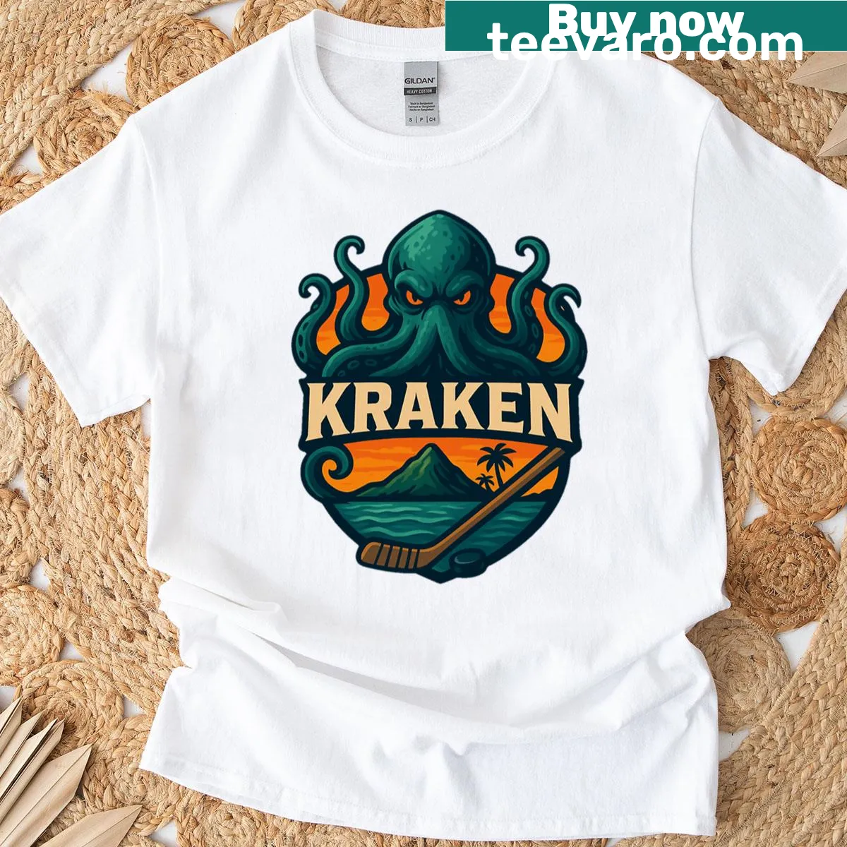 T-shirt featuring the Kraken hockey logo and design — on a men's t-shirt