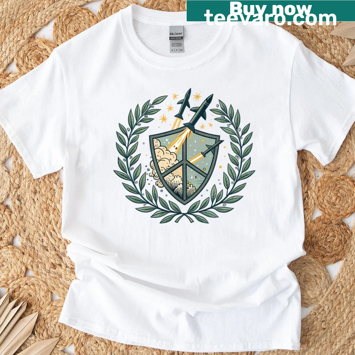 Dynamic rocket launch T-shirt with peace and laurel symbols — on a men's t-shirt