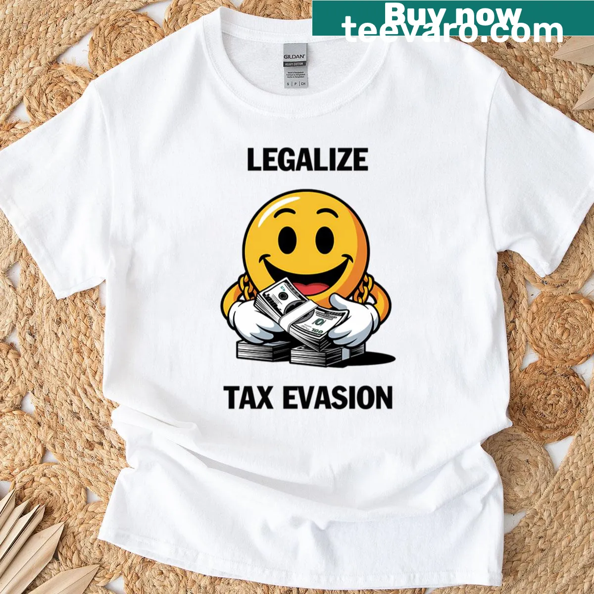 Edgy t-shirt with 'Legalize Tax Evasion' text and emojis — on a men's t-shirt