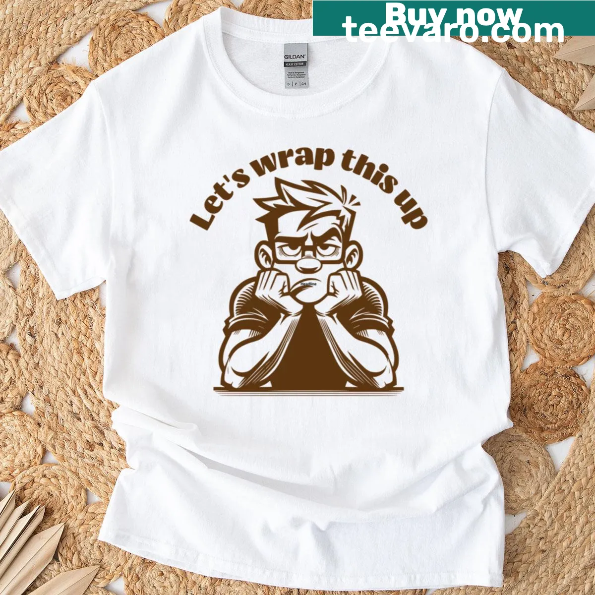 Witty phrase graphic t-shirt saying 'Let's Wrap This Up' — on a men's t-shirt
