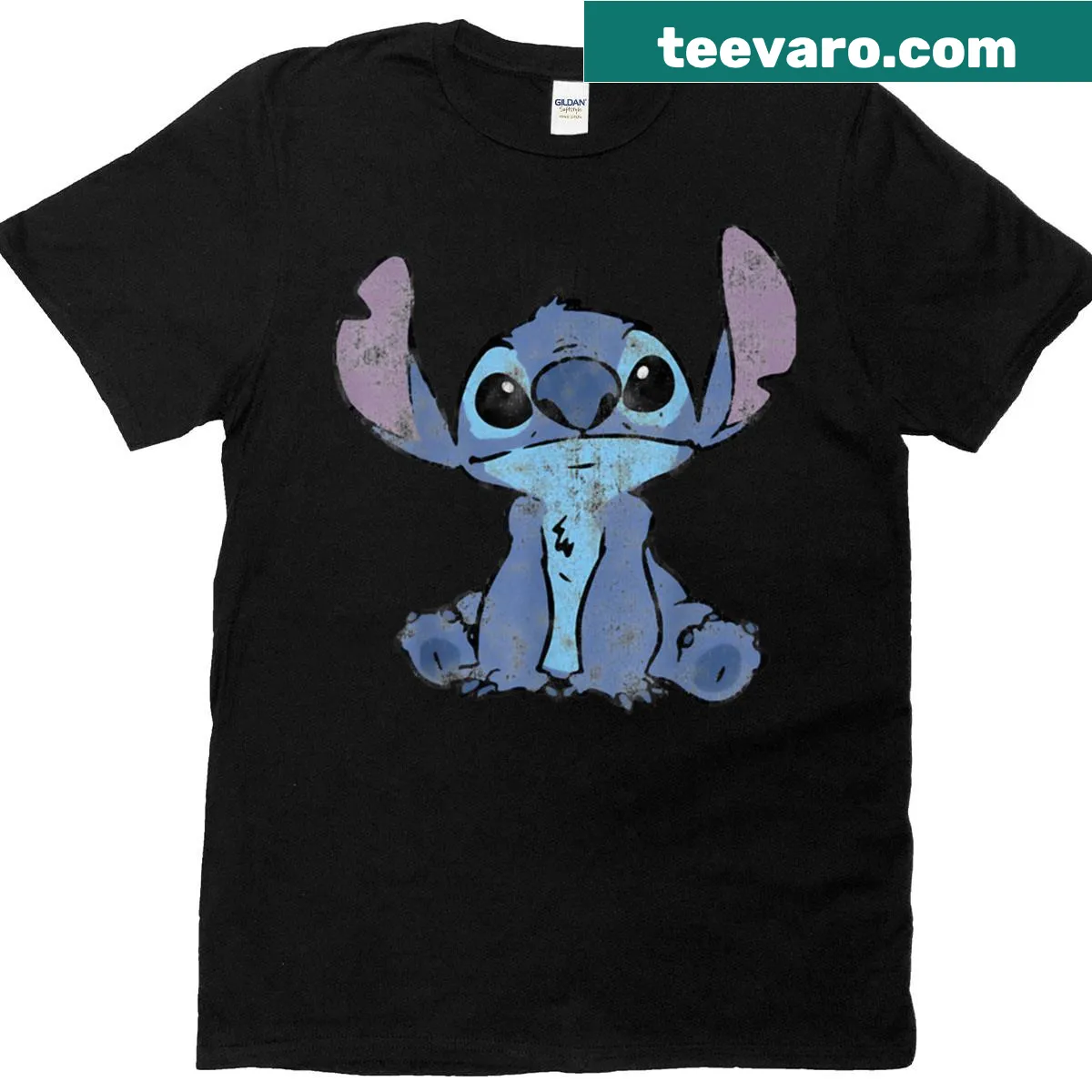 Distressed portrait of Stitch character on a T-shirt — on a men's t-shirt