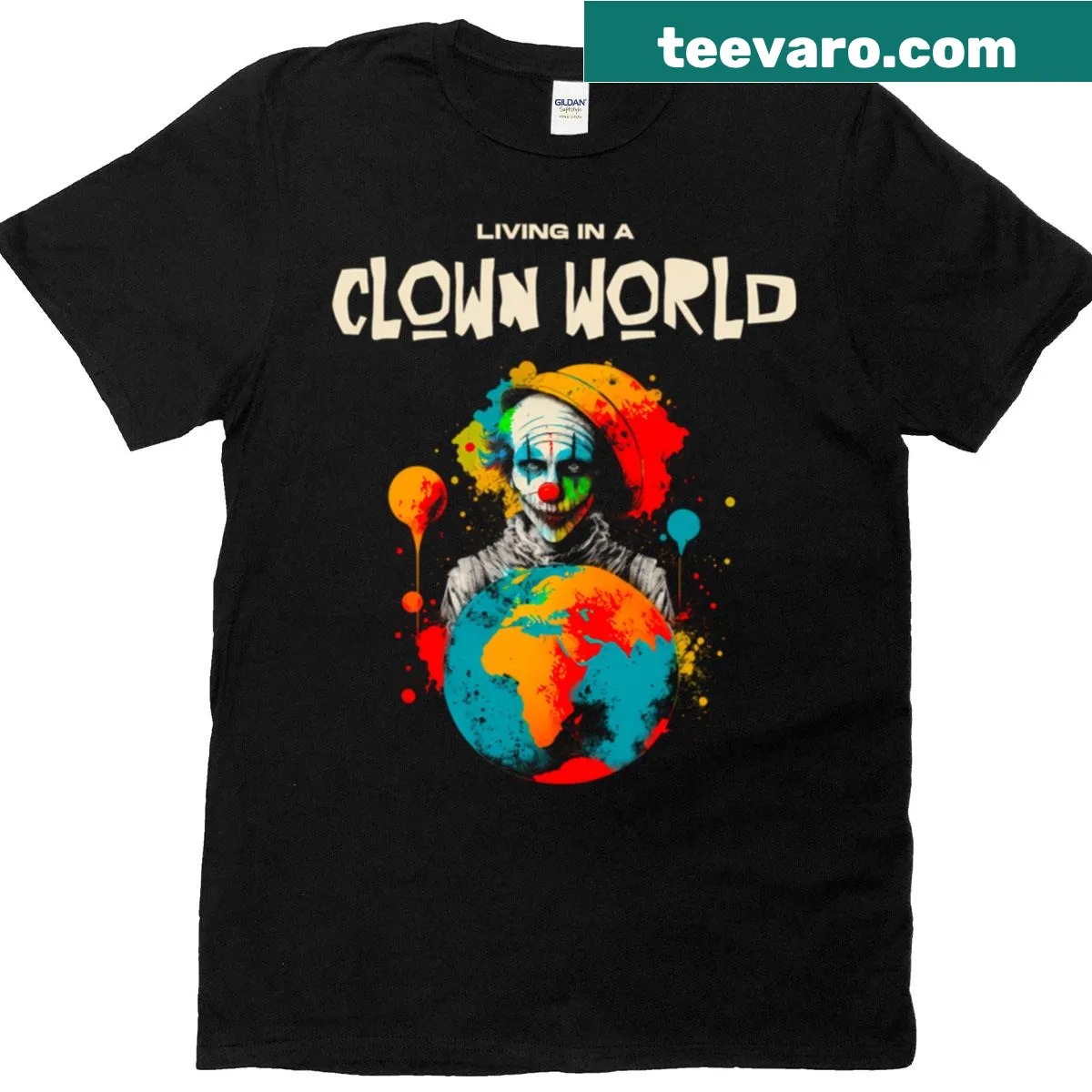 Bold t-shirt featuring the phrase 'Living In A Clown World' for a humorous take on life. — on a men's t-shirt