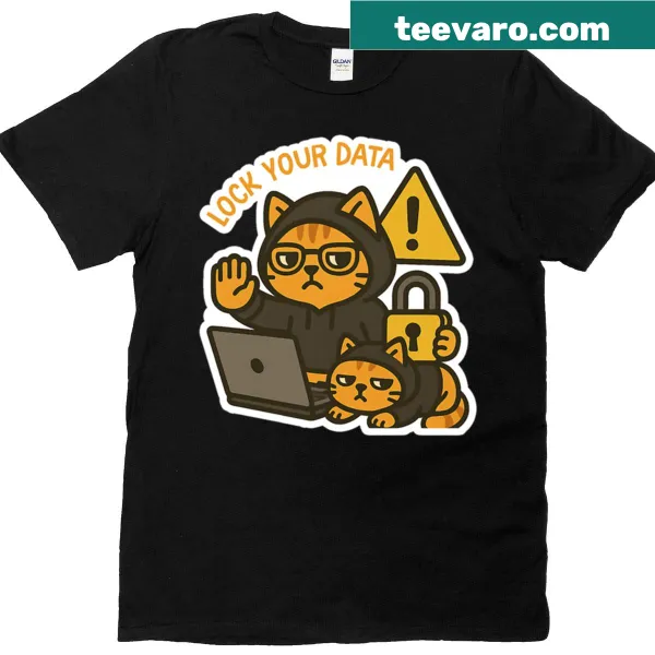 Bold typography design on cybersecurity data protection t-shirt.