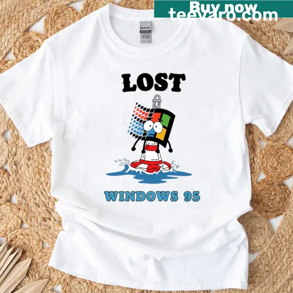 Distressed graphic of the Windows 95 logo on a t-shirt
