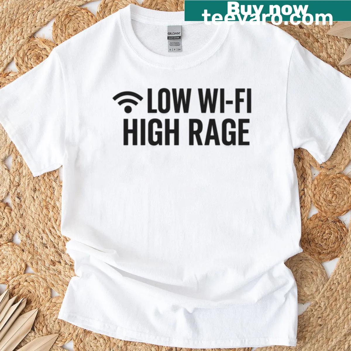 Funny gaming quote t-shirt with 'Low Wi-fi High Rage' text — on a men's t-shirt